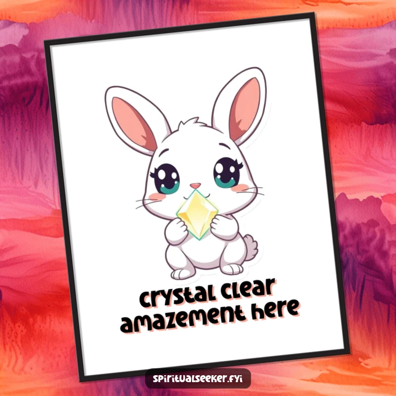 Funny Free Printable Wall Art: A curious rabbit holds a glowing crystal with wide, amazed eyes, showcasing magical humor.