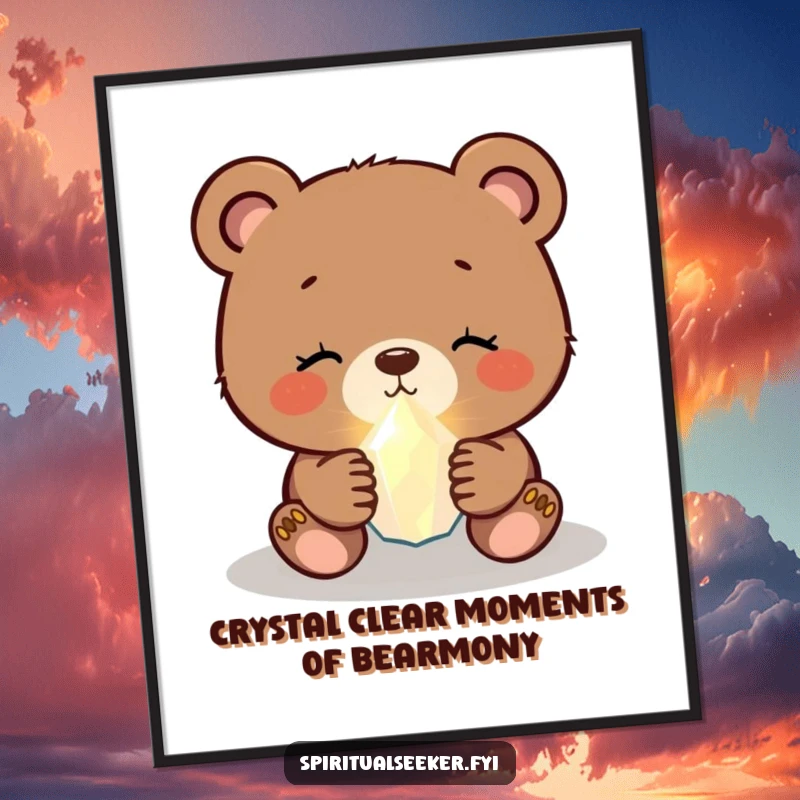 Free Printable Wall Art: A peaceful bear cub tenderly holds a tiny, glowing crystal, radiating calm and gentle magic.