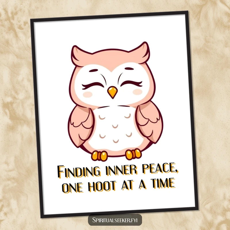 Funny Free Printable Owl Wall Art: A serene meditating owl with eyes closed and a peaceful smile, bringing calm and laughs.