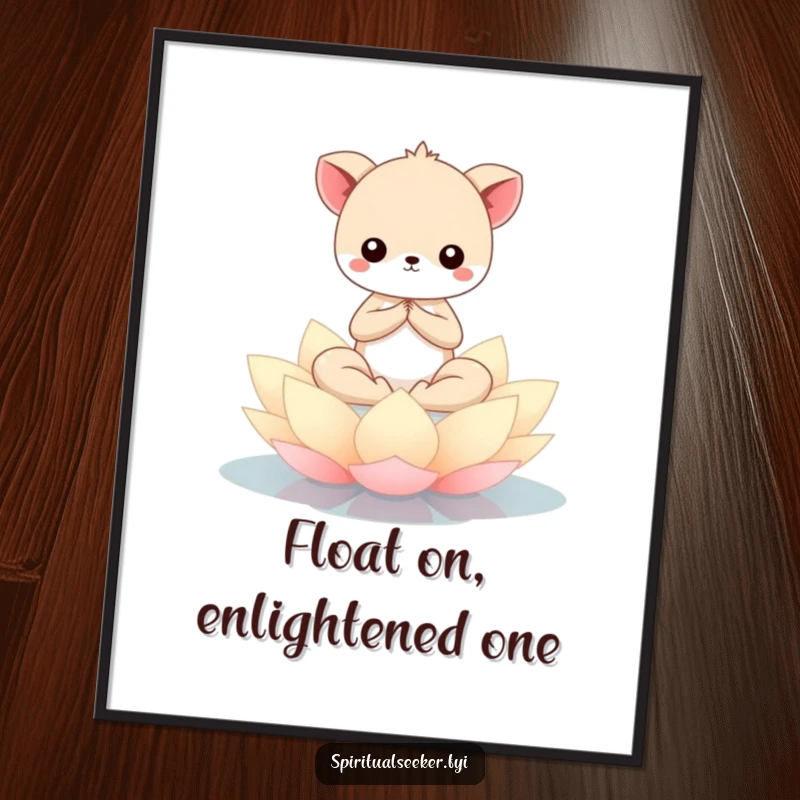 Free Printable Wall Art: Serene Kawaii animal meditating peacefully on a floating lotus flower, calm spiritual decor.