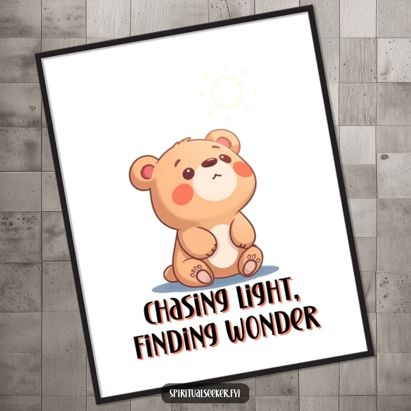 Free Printable Bear Wall Art: A curious bear cub gazing upwards at a shimmering, ethereal light source, evoking wonder.