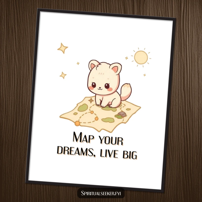 Funny Free Printable Wall Art depicting a Kawaii animal plotting a course on an ancient, mystical map with intriguing symbols.