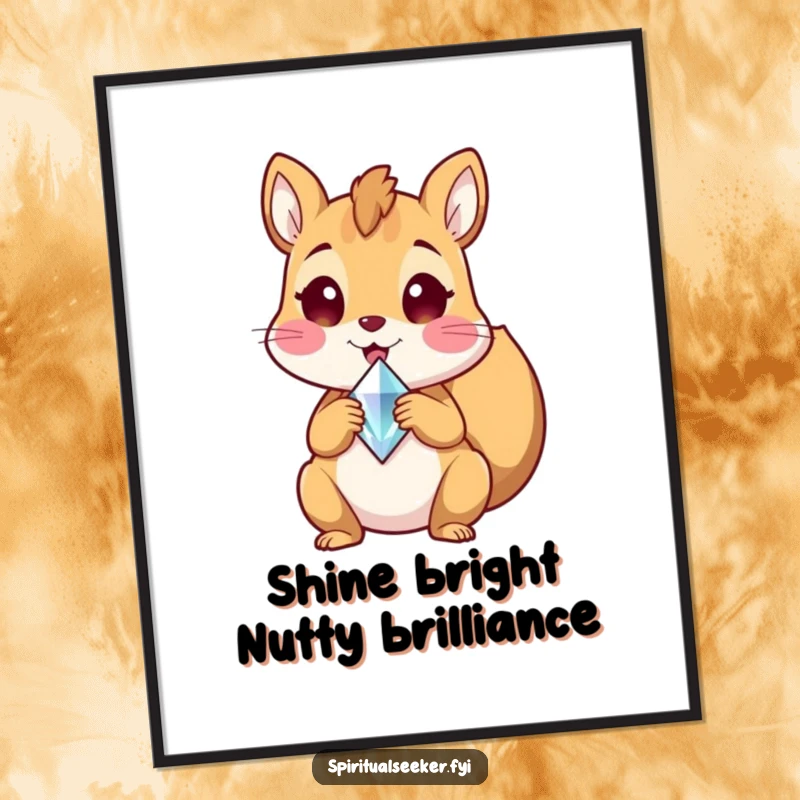 Funny Free Printable Squirrel Wall Art, an energetic squirrel gleefully holding a radiant crystal shard, ready for adventure.