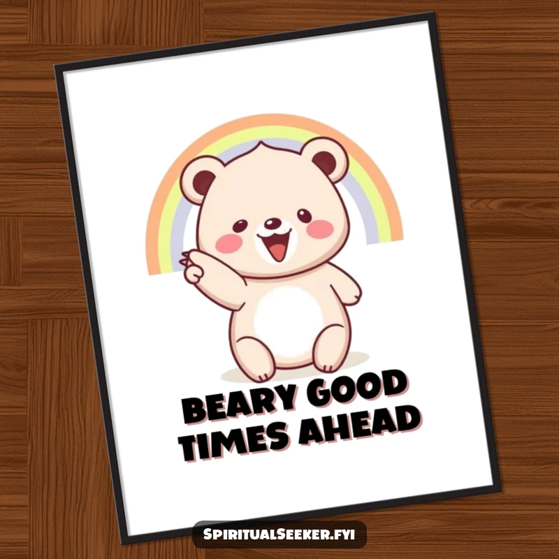 Funny Free Printable Wall Art: A beaming bear joyfully points towards a vibrant rainbow, creating cheerful and hopeful downloadable decor.