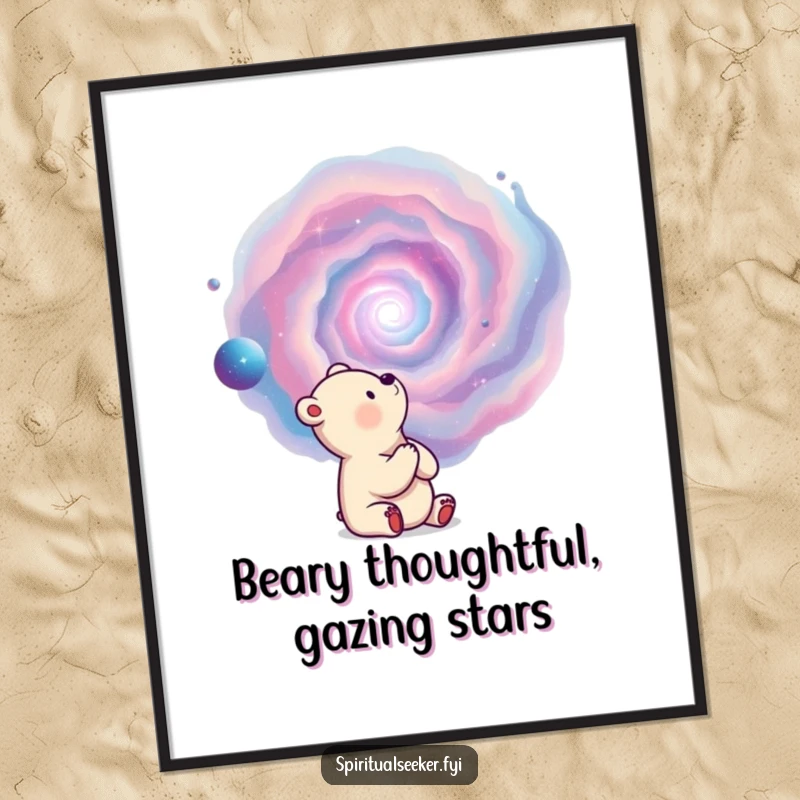 Funny free printable wall art showing a thoughtful bear observing a stunning, swirling nebula, bringing a sense of cosmic wonder.
