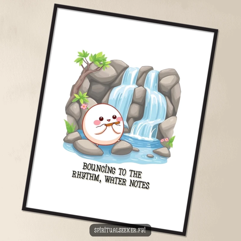 Funny Free Printable Wall Art: A happy, bouncy ball creature playing a tiny flute beside a serene waterfall, peaceful art.