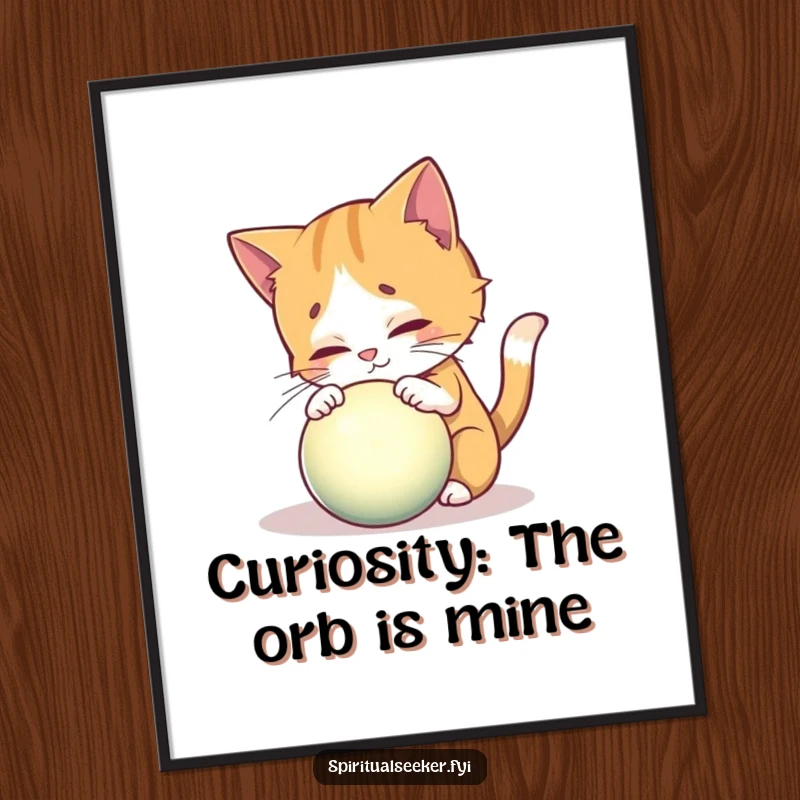 Funny free printable wall art of a curious cat peering into a radiant, mystical orb, evoking wonder and amusement.