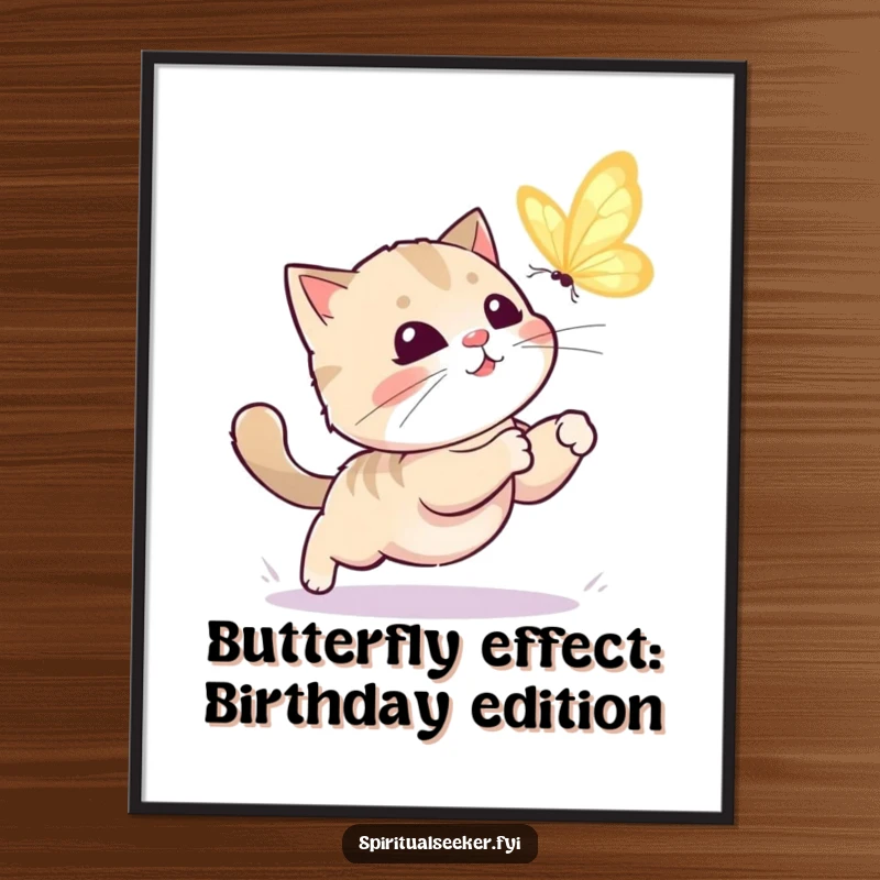 Funny Free Printable Wall Art: A kawaii cat leaps playfully after a shimmering butterfly, bringing whimsical energy to any room.