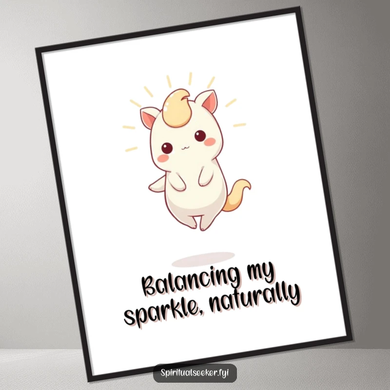 Funny Free Printable Wall Art of a Kawaii creature poised on one toe, radiating a soft, inviting light, creating a magical ambiance.