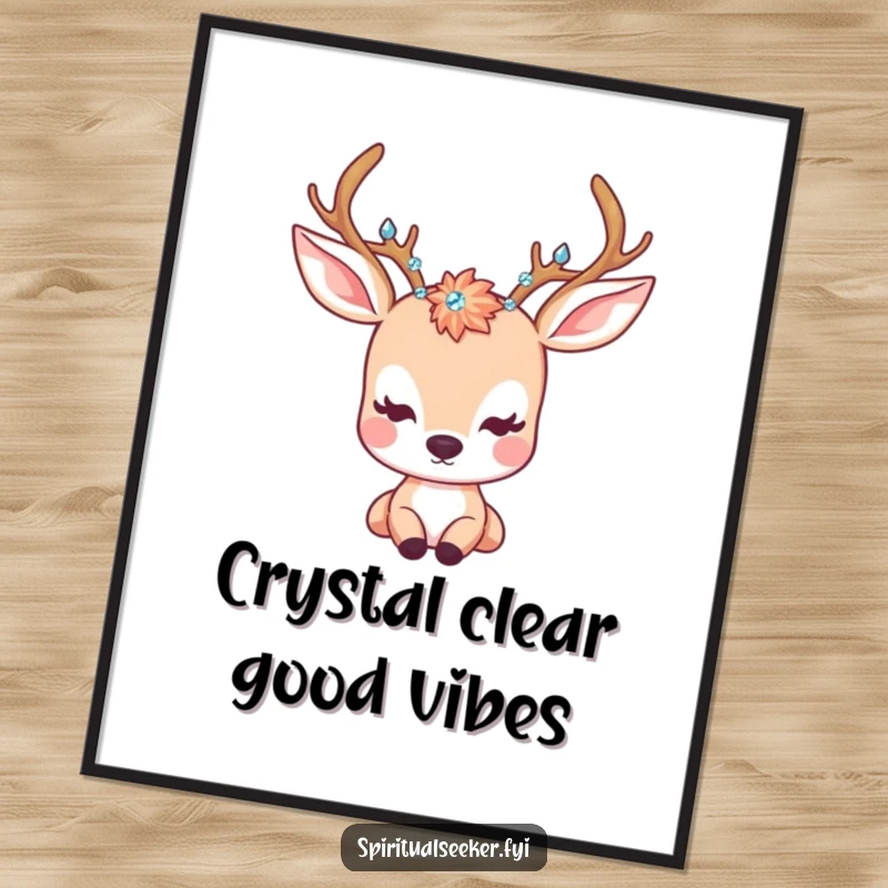 Funny Free Printable Wall Art: A kawaii deer with crystal-adorned antlers gazes peacefully, radiating calm and gentle beauty.