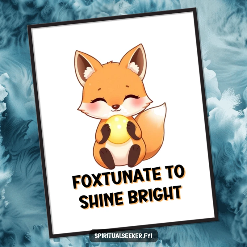 Funny Free Printable Wall Art: A kawaii fox with a serene expression holds a softly glowing orb, radiating gentle magic.