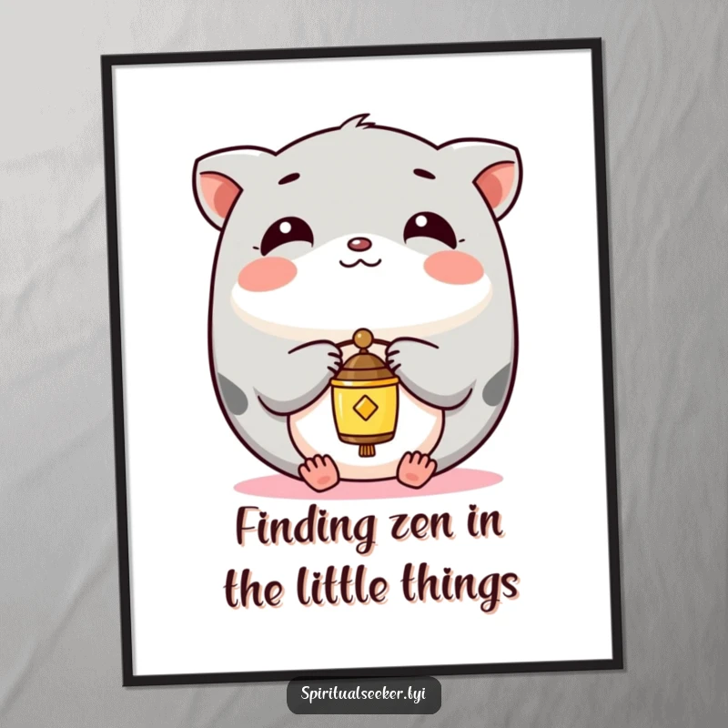 Funny Free Printable Wall Art of a serene Kawaii animal balancing a small chime, evoking tranquility and quiet joy.