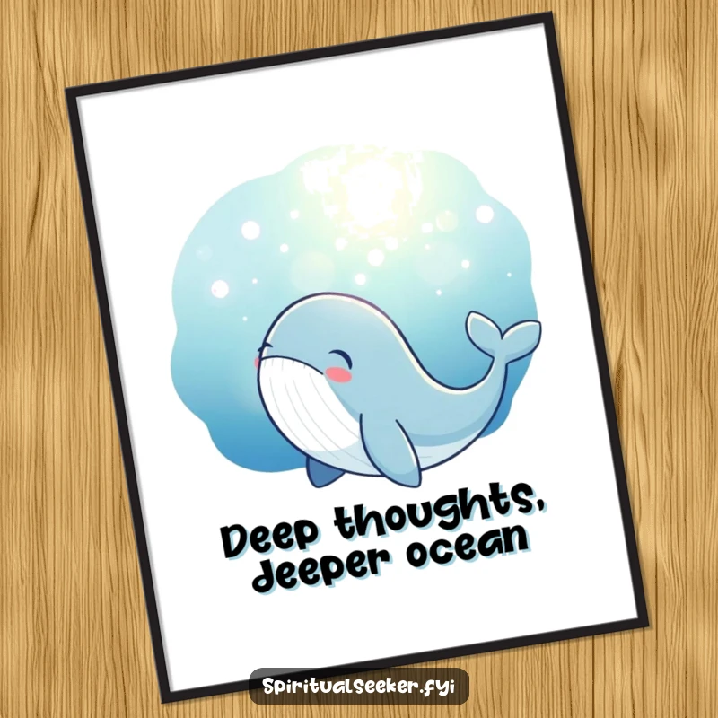 Funny Free Printable Whale Wall Art: A thoughtful whale gazes at a magical underwater glow, creating a serene and humorous scene.