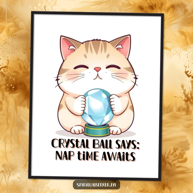 Funny free printable wall art of a plump cat concentrating hard to balance a tiny fortune-telling crystal ball.