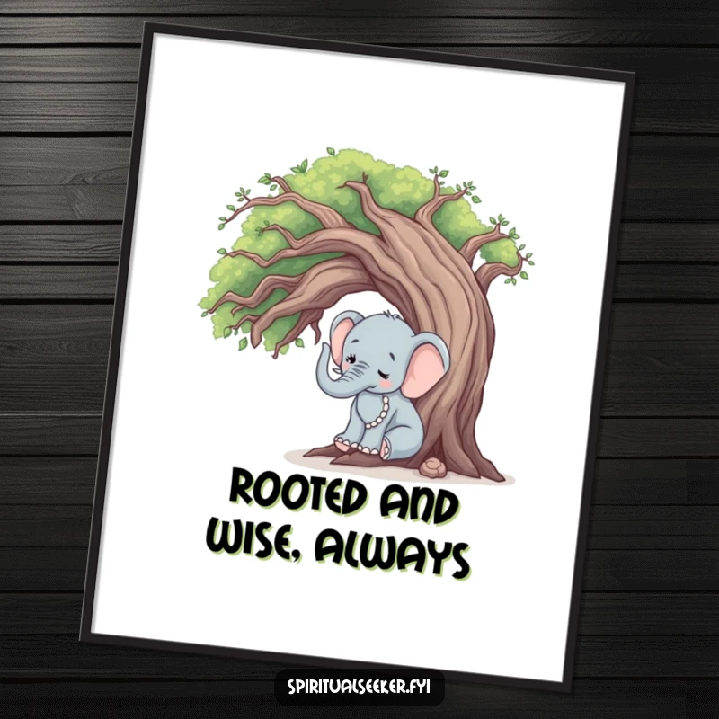 Funny free printable wall art of a peaceful elephant gently touching a wise, old tree, perfect for DIY home decor.