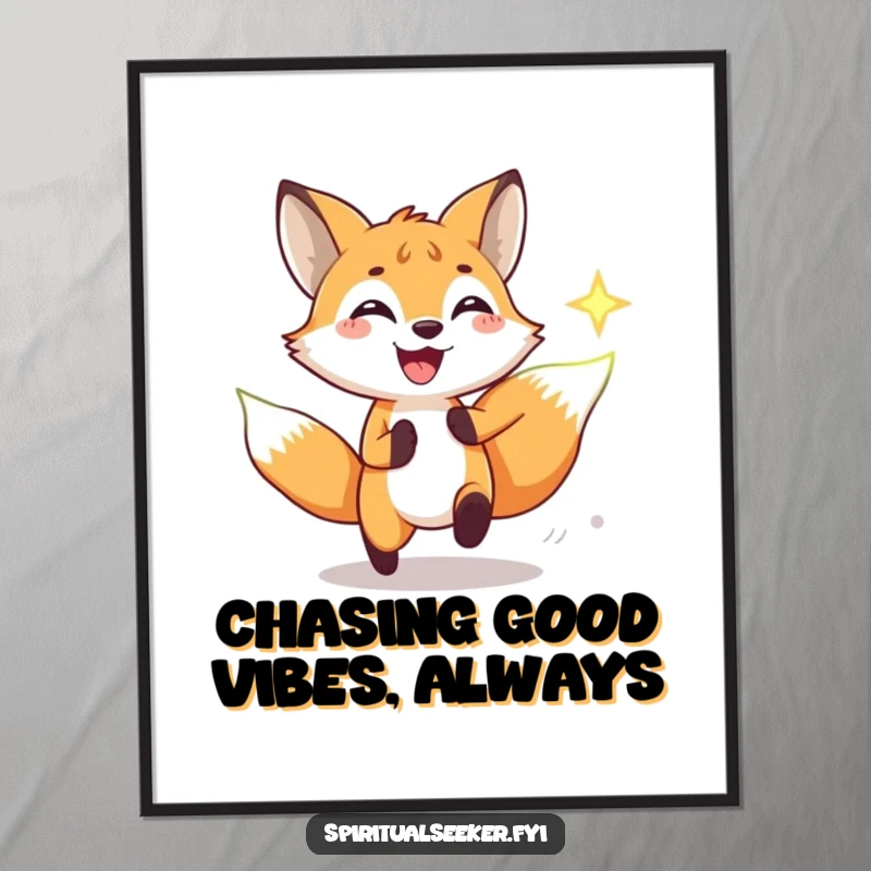 Funny free printable wall art of a joyful fox gleefully chasing a bright spiritual symbol, perfect downloadable art.
