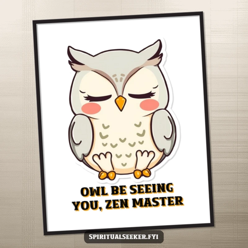 Funny Free Printable Owl Wall Art: A meditating owl's serene smile brings calming, downloadable humor to any room.