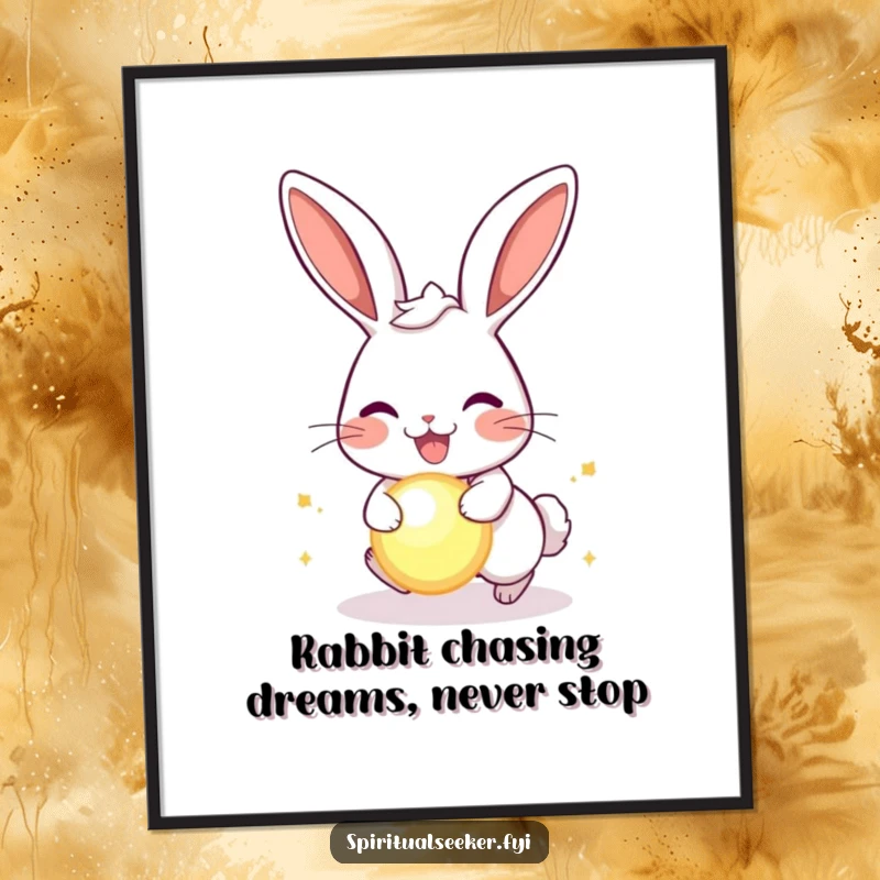 Funny Free Printable Rabbit Wall Art: A joyful rabbit eagerly chases a glowing orb, bringing downloadable fun to your walls.