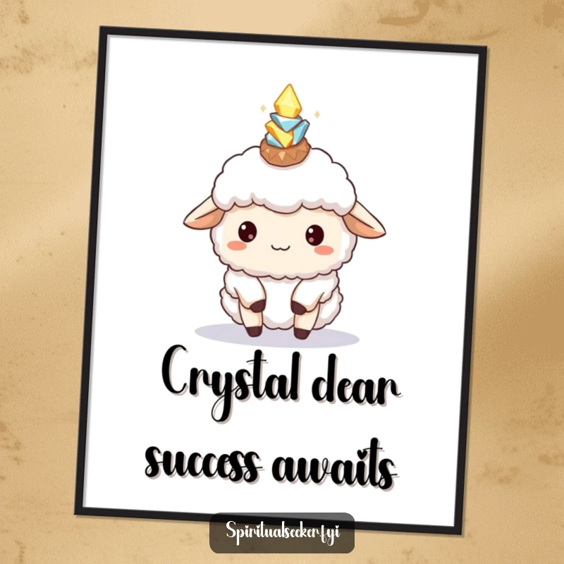 Funny Free Printable Sheep Wall Art: A fluffy sheep hilariously balances a stack of glowing crystals, adding quirky charm to any room.