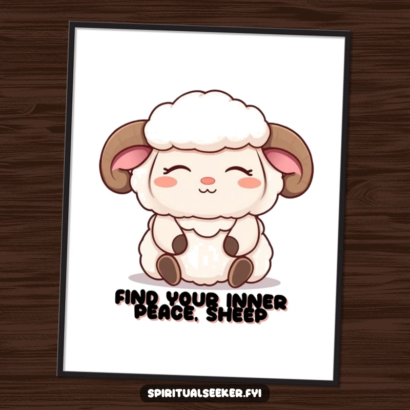 Funny Free Printable Wall Art: A fluffy sheep character meditates with eyes closed and a serene smile, bringing zen humor.