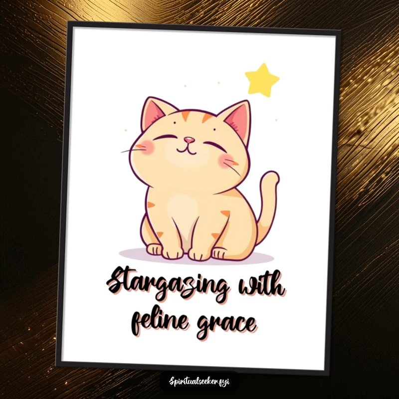 Funny Free Printable Wall Art: Contented cat gazing peacefully at a twinkling star, embodying sweet dreams.