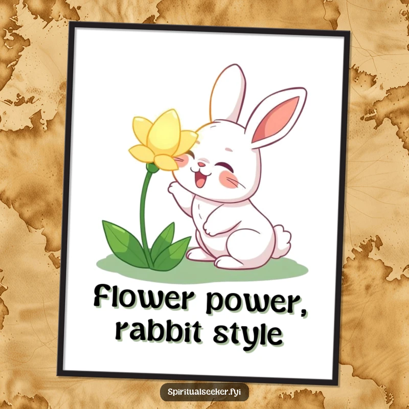 Funny Free Printable Wall Art: Joyful rabbit sniffing a glowing flower, embodying happiness and natural beauty.