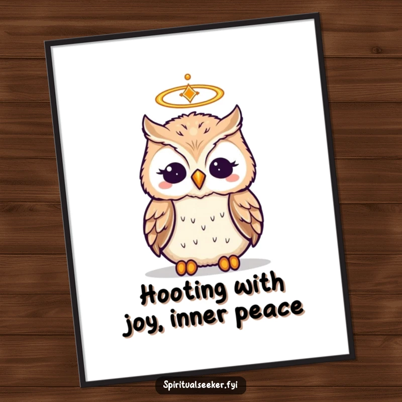 Funny free printable wall art of a wise owl wearing a tiny halo, meditating peacefully in a humorous pose.