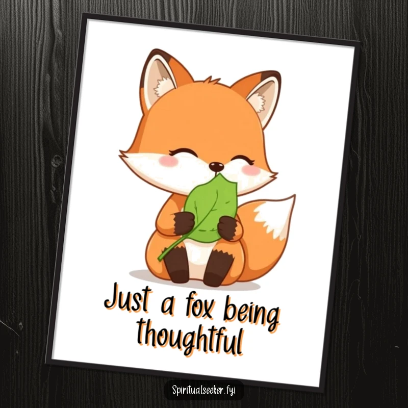 Funny Free Printable Wall Art: A thoughtful fox serenely holds a peaceful leaf, creating calming and humorous downloadable decor.