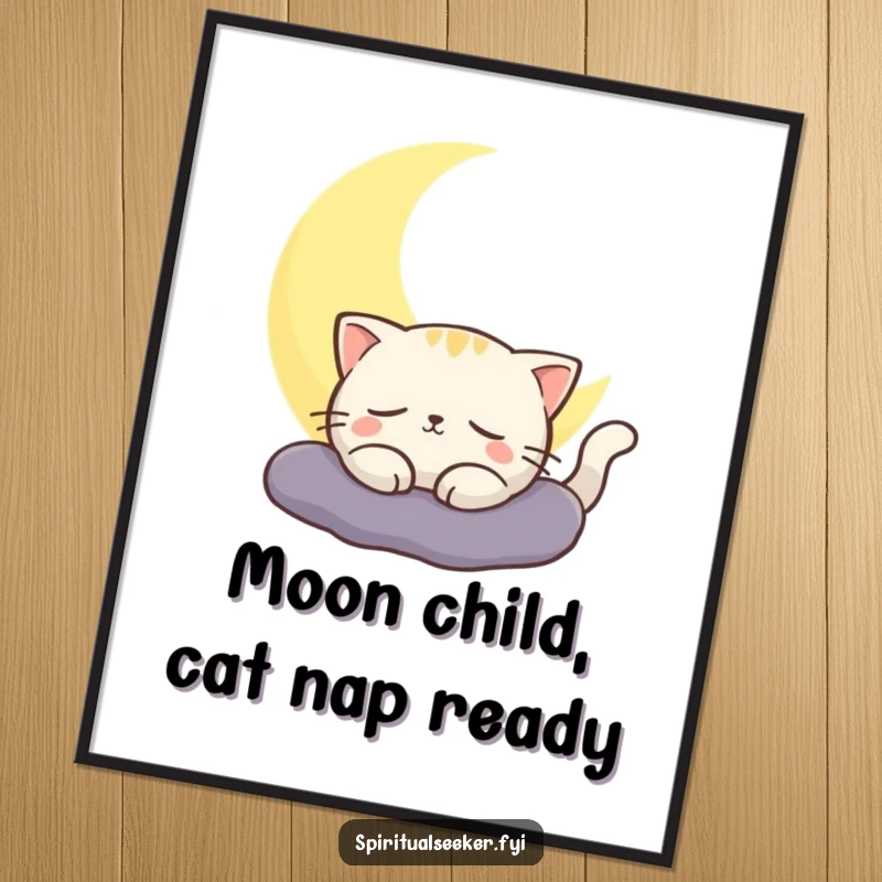 Funny Free Printable Cat Wall Art: Contented cat relaxes in the glow of a crescent moon, adding charm.