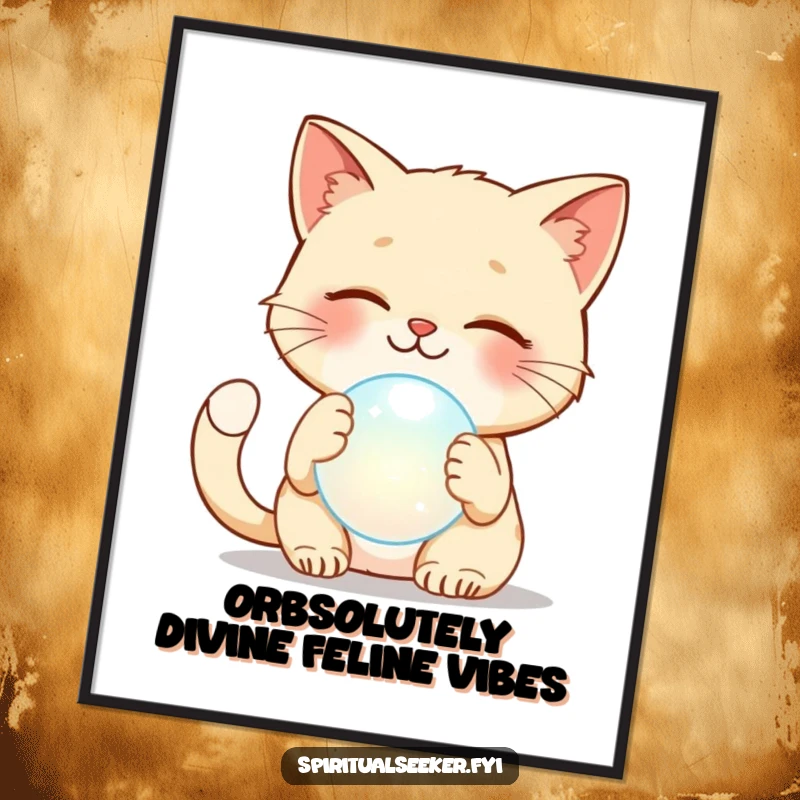 Funny Free Printable Wall Art: A smiling cat curiously pats a softly glowing ethereal orb, radiating cool vibes and humor.