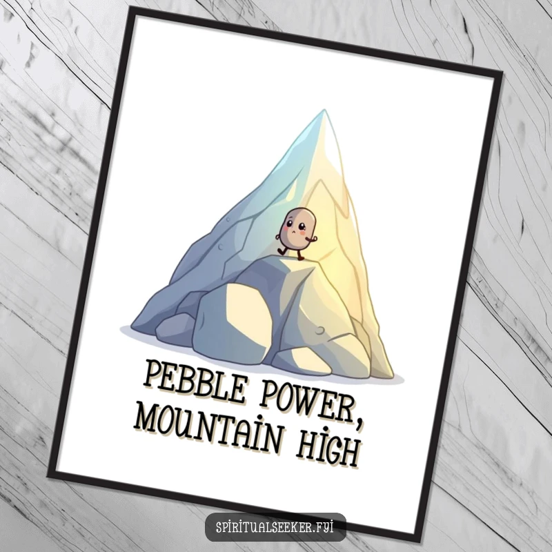 Funny Free Printable Wall Art: A small, determined pebble creature hiking with purpose up a glowing, crystal mountain, inspirational art.
