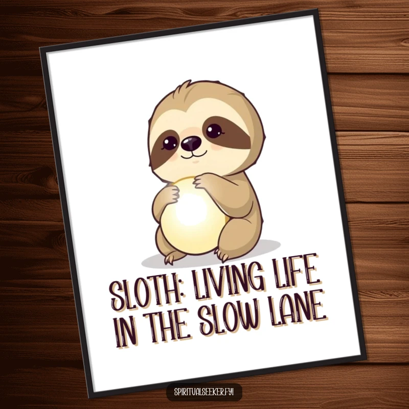 Funny Free Printable Wall Art of a contemplative sloth observing a luminous orb, a mystical downloadable art piece.