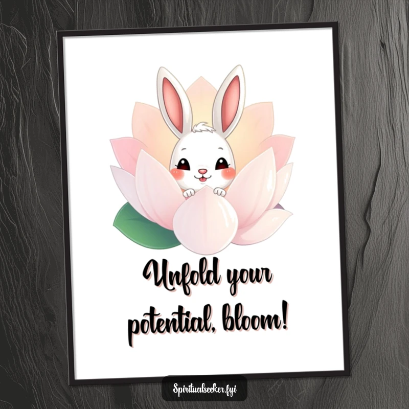 Funny Free Printable Bunny Wall Art: A curious bunny peeks from behind a large lotus flower, adding a touch of whimsical charm to decor.