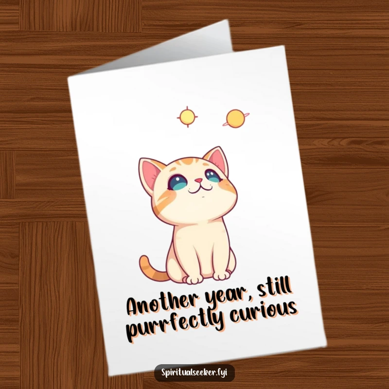 Funny Free Printable Cat Birthday Card: A curious cat gazes skyward at a shining celestial body, sending birthday wishes.