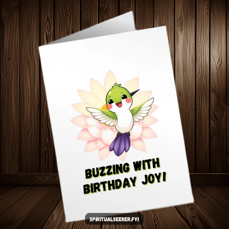 Funny Free Printable Birthday Card featuring a smiling hummingbird near a radiant lotus, a joyful downloadable gift.