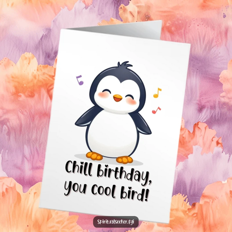 Funny Free Printable Birthday Card: A happy penguin with headphones, blissfully listening to nature sounds on their birthday.