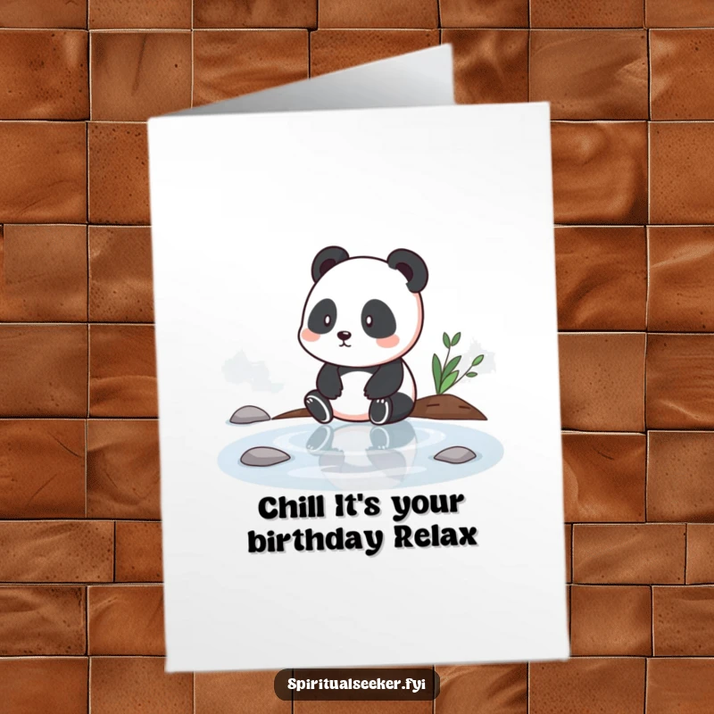 Funny Free Printable Panda Birthday Card, a contemplative panda sitting peacefully by water, wishing a serene birthday.