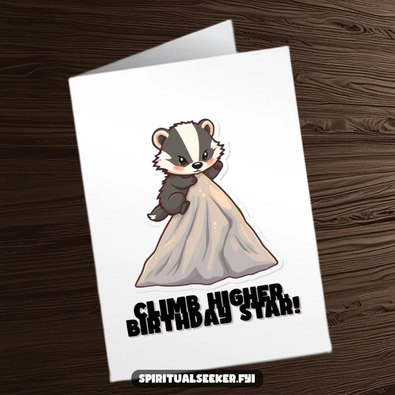 Funny Free Printable Birthday Card: A determined badger climbs a sparkling mountain peak, celebrating birthday success with humor.