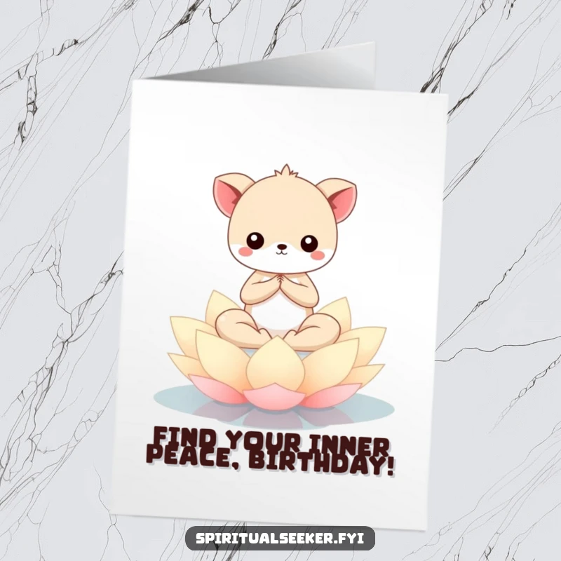 Free Printable Birthday Card: Serene Kawaii animal meditating peacefully on a floating lotus flower, spiritual celebration.