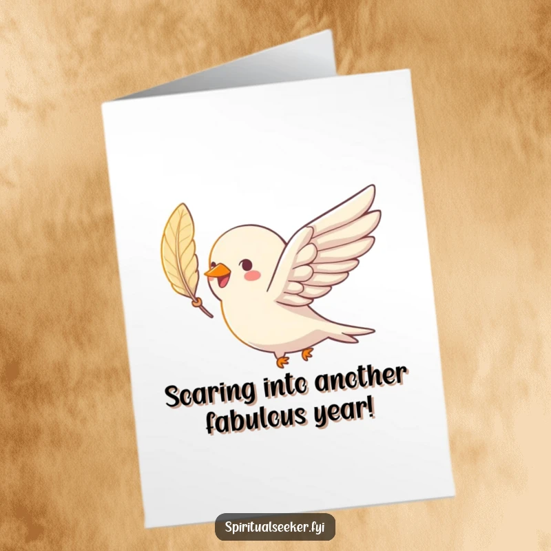 Free Printable Birthday Card: A joyful bird soars gracefully through the sky, holding a shimmering feather, sending happy birthday wishes.