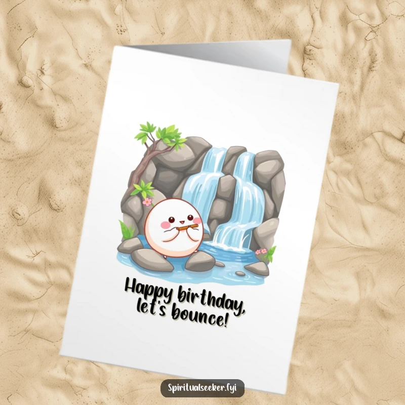 Funny Free Printable Birthday Card: Happy bouncy ball creature playing a tiny flute beside a serene waterfall, musical birthday.