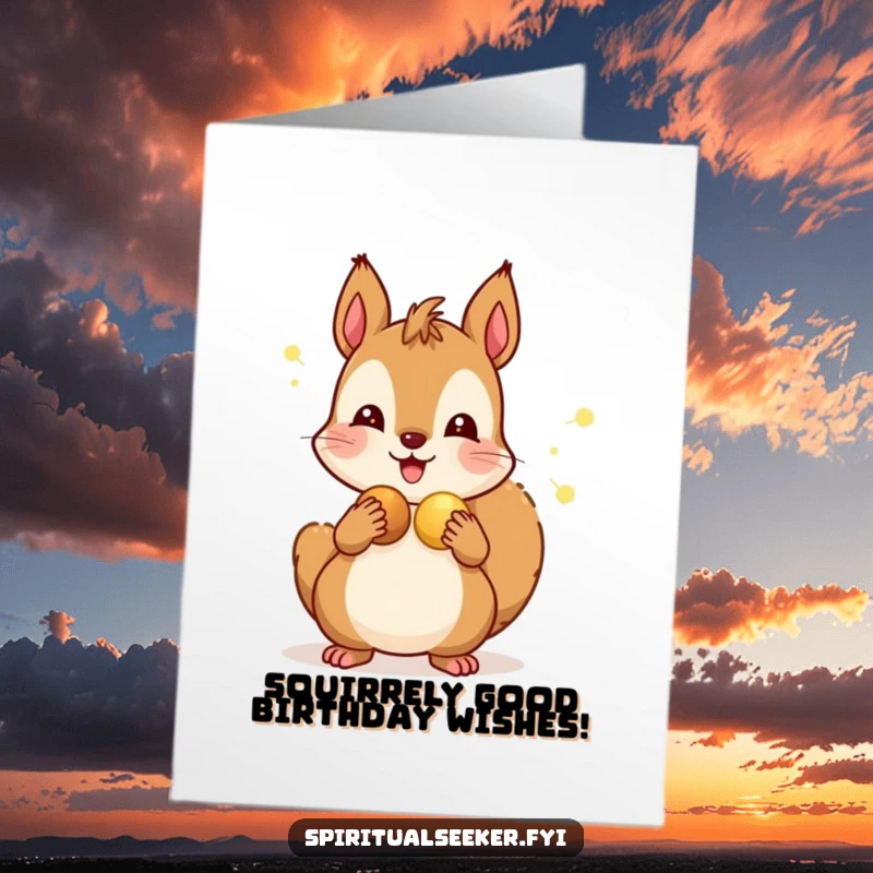 Funny Free Printable Birthday Card: Cheerful squirrel sharing glowing nuts with happy friends, spreading joy and laughter.