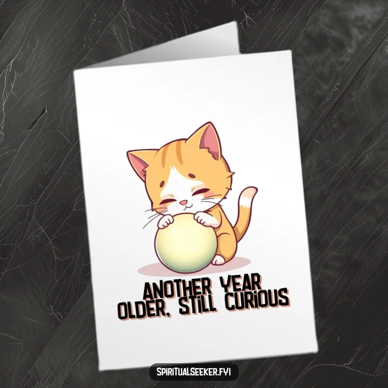 Funny free printable birthday card featuring a curious cat peeking into a glowing mystical orb, full of wonder.