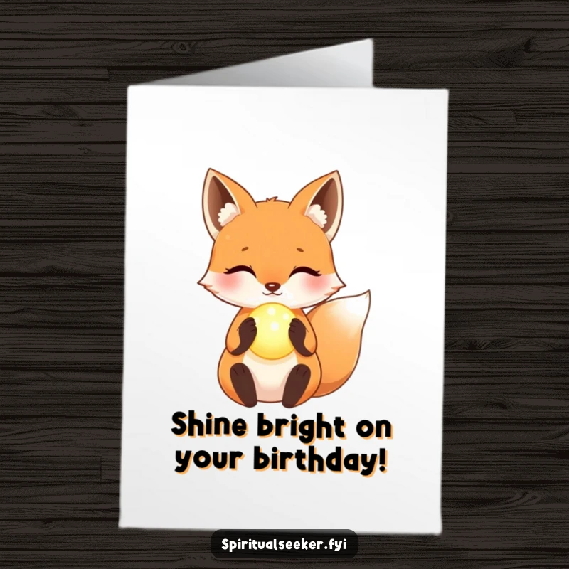 Funny Free Printable Birthday Card: A kawaii fox with a serene expression holds a glowing orb, bestowing magical birthday wishes.