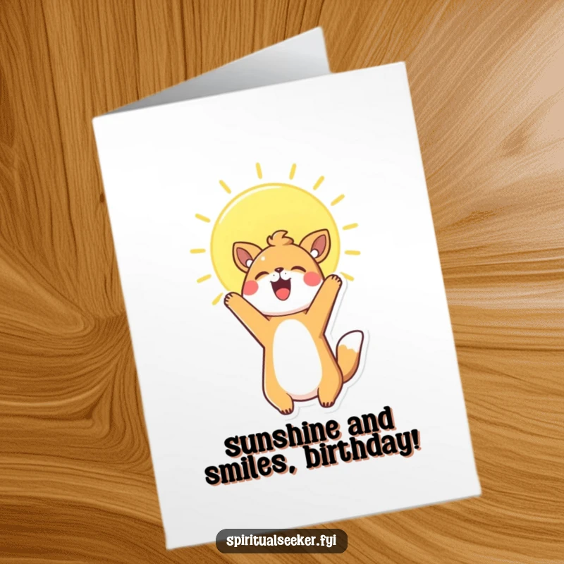 Funny Free Printable Birthday Card featuring a happy Kawaii animal stretching towards a bright, radiant sun with pure joy.