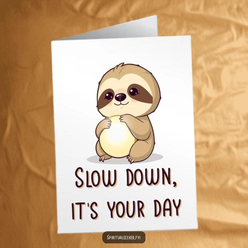 Funny Free Printable Birthday Card of a thoughtful sloth gazing at a glowing orb, a whimsical downloadable gift.