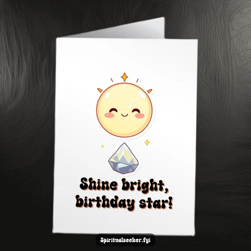Funny Free Printable Birthday Card: Round smiling moon creature floating happily above a tiny sparkling crystal, cosmic birthday.