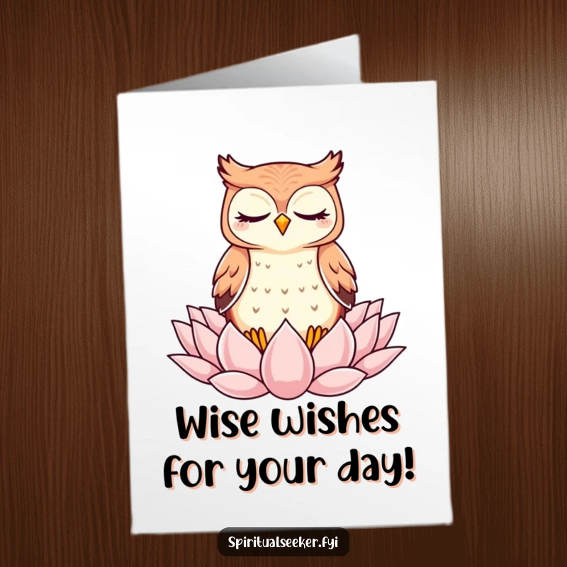 Funny Free Printable Birthday Card: A kawaii owl meditating peacefully on a lotus flower, wishing Zen birthday vibes.
