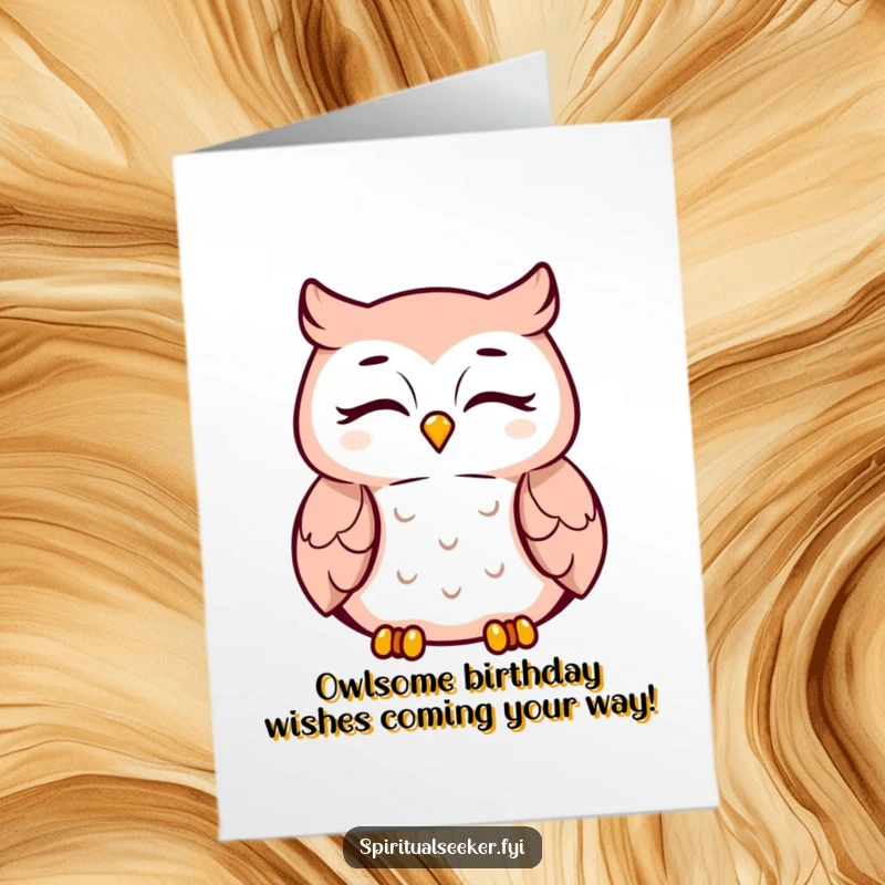 Funny Free Printable Owl Birthday Card: Meditating bird with closed eyes and a peaceful smile, ready to deliver birthday cheer.