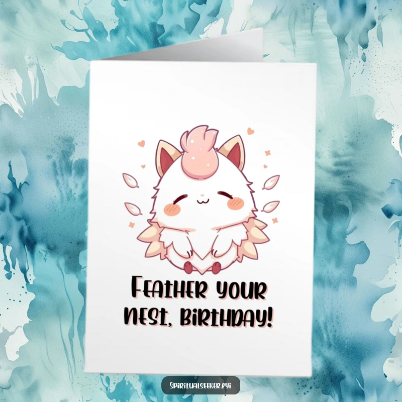 Funny Free Printable Birthday Card featuring a smiling Kawaii creature serenely floating amidst a gentle flurry of soft feathers.